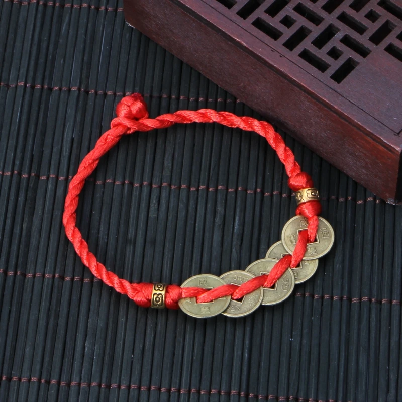 

Red Thread String Braided Bracelets Chinese Feng Shui Wealth Lucky Copper Coin Pendant Hand Bracelet
