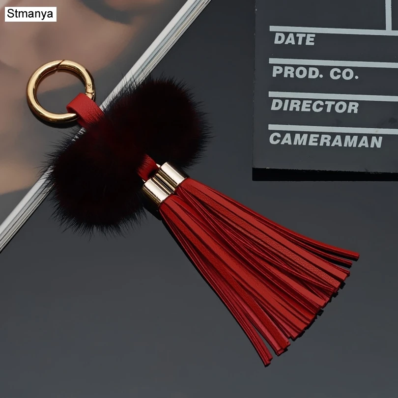 

Fashion Genuine mink hair Key Chain Solid color Two Tassels Car Key Ring High Quality Keychain Bag Pendants Gift Jewelry K1784
