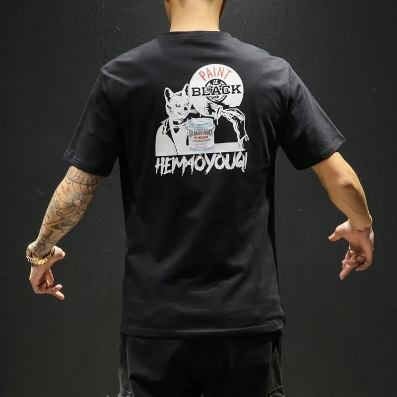 

Men Graffiti Cartoon Black Cat Print Streetwear T Shirts Men Funny Hip Hop Streetwear Tshirts Male Casual Short Sleeve Top Tees