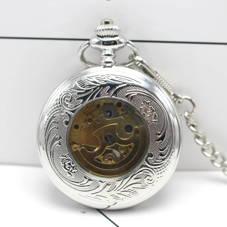 

luminous Silver Stainless-steel Unisex Baroque Womens Automatic Mechanical Pocket Watch Hollowed Lid Chain Luxury Fob Watches