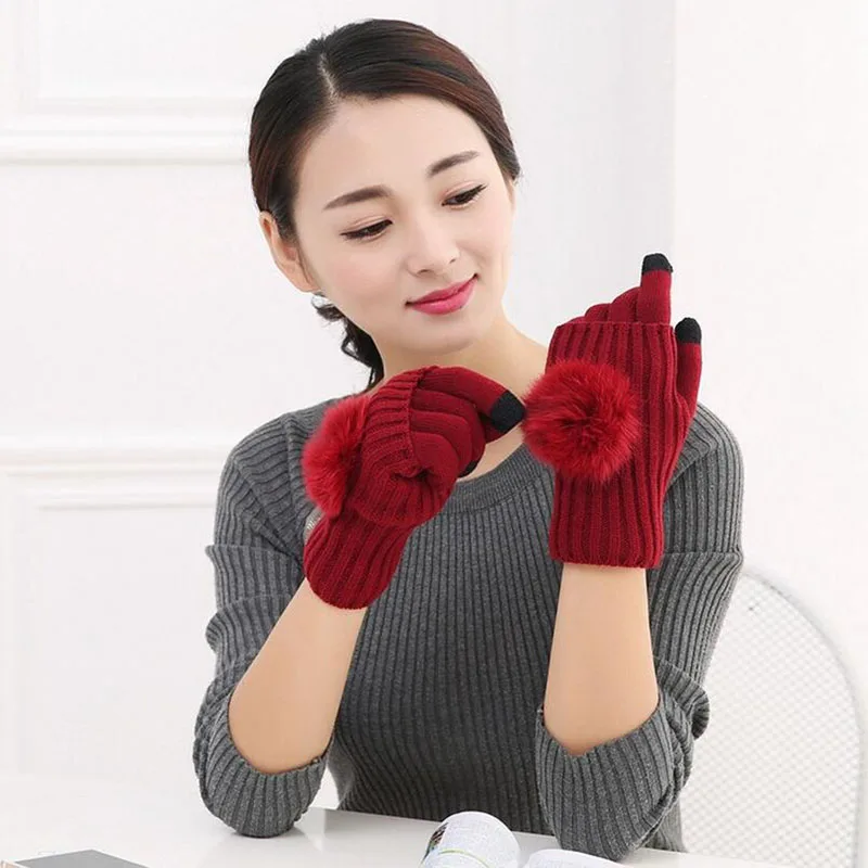 

Full Fingers Gloves Wrist Fur Pom Poms Mittens Touched Screen Gloves Women Mittens Winter Gloves Warm Femme Double Layer Guantes