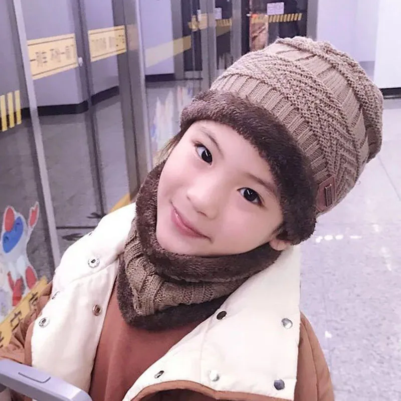 Children Knitted Hat Winter Warm Baby Kids Cap Skullies Beanies Circle Scarf Thicken Fleece Lining For 2-12 Years Boys Girls | Детская