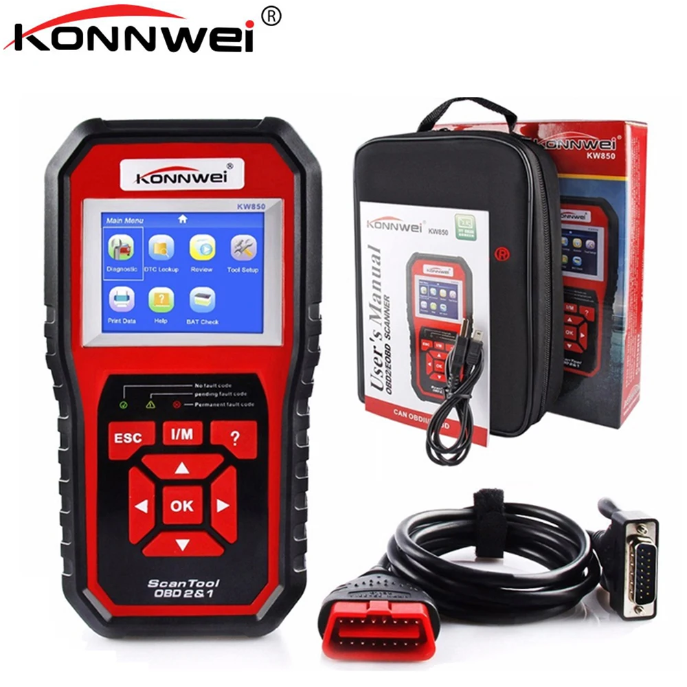 KONNWEI KW850 obd2 Авто диагностический сканер полный OBD 2 читатель Кода OBDII сканера автомобиль программное средство диагностики автомобилей может одним нажатием кнопки I/м readiness для быстрого просмотра мониторов системы