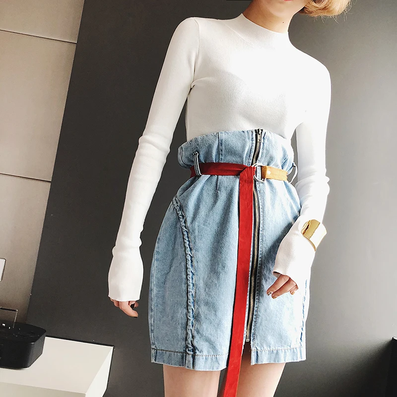 Для женщин Midi Карандаш Bodycon Юбки для Винтаж Демин Жан молния Разделение Пояса