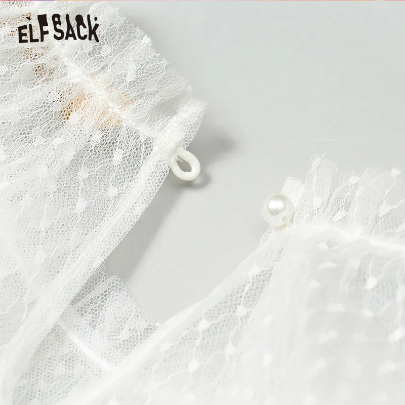 Женская блузка ELFSACK белая кружевная с рукавом бабочкой в белый горошек 2019|Блузки|