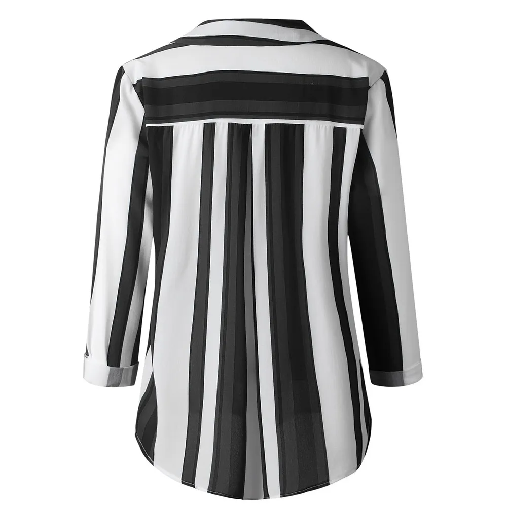 Женская черная рубашка 4XL 5XL размера плюс, Повседневная рубашка с длинным рукавом и v-образным вырезом на пуговицах, полосатая рубашка, блузка, топы koszula damska-30