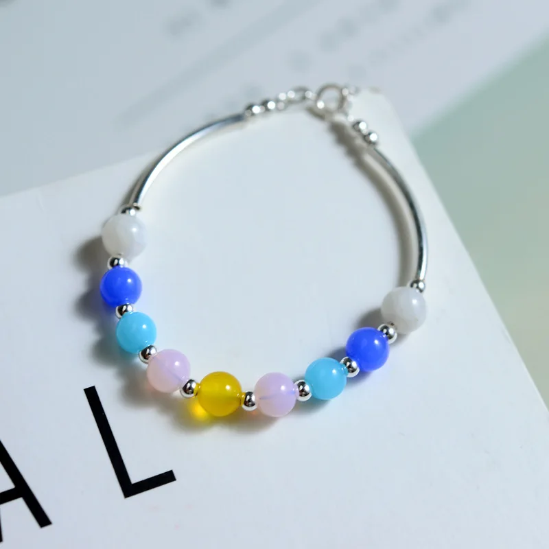 

Colorful Bracelet S925 Pure Silver Natural Morganite Crystal Bracelet Fresh and Simple Student Korean Bracelet Jewelry for Women