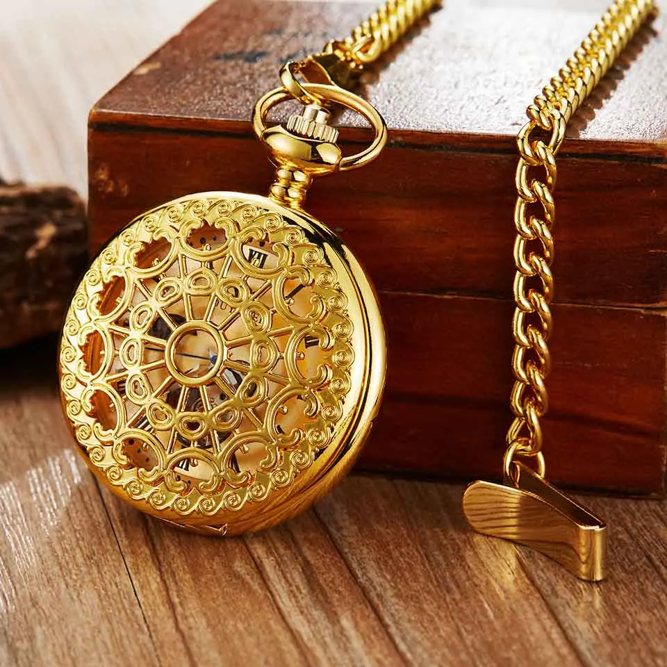 golden color Золотые механические карманные часы Fob часы с цепочкой для мужчин и женщин ручной Ветер Луна римские цифры полые часы без батареи - Цвет: golden color