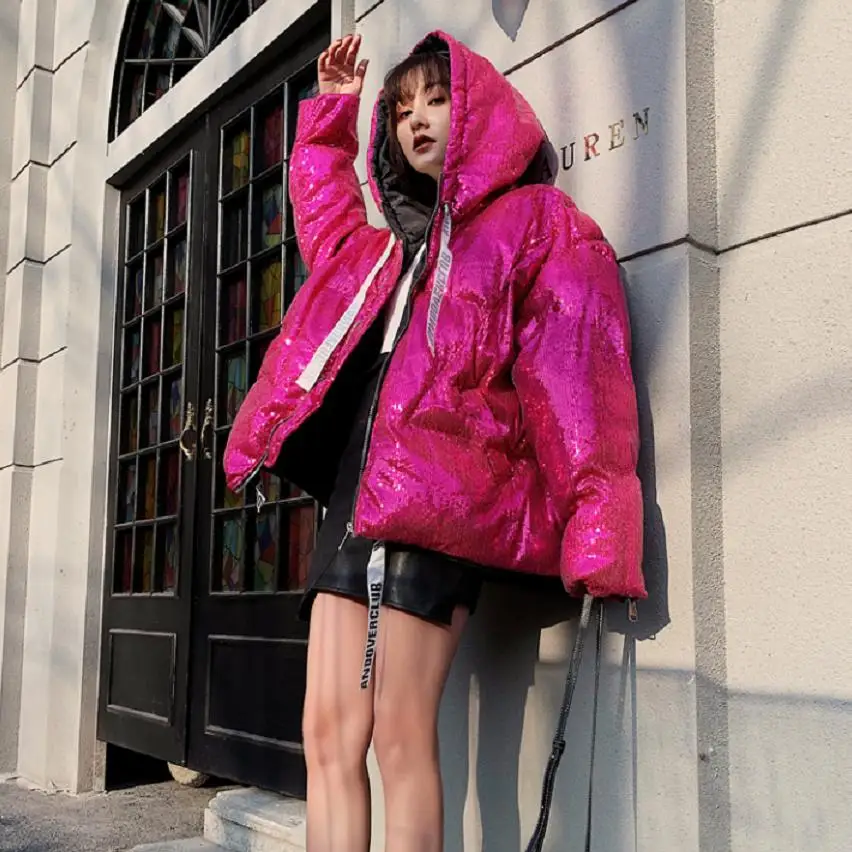 Зимний женский пуховик с блестками теплая парка капюшоном и длинным рукавом L1718