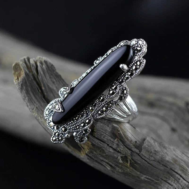 Черный KJJEAXCMY fine jewelry S925 Стерлинговое серебро ювелирные изделия точность ремесло taiyin Леди Черный Агат открытие кольцо - Цвет камня: Черный