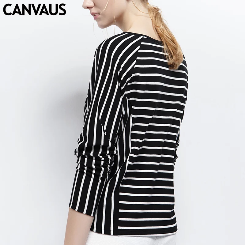 CANVAUS new coming striped pullovers women tops and tees female t shirt with original design o neck YM0164 | Женская одежда