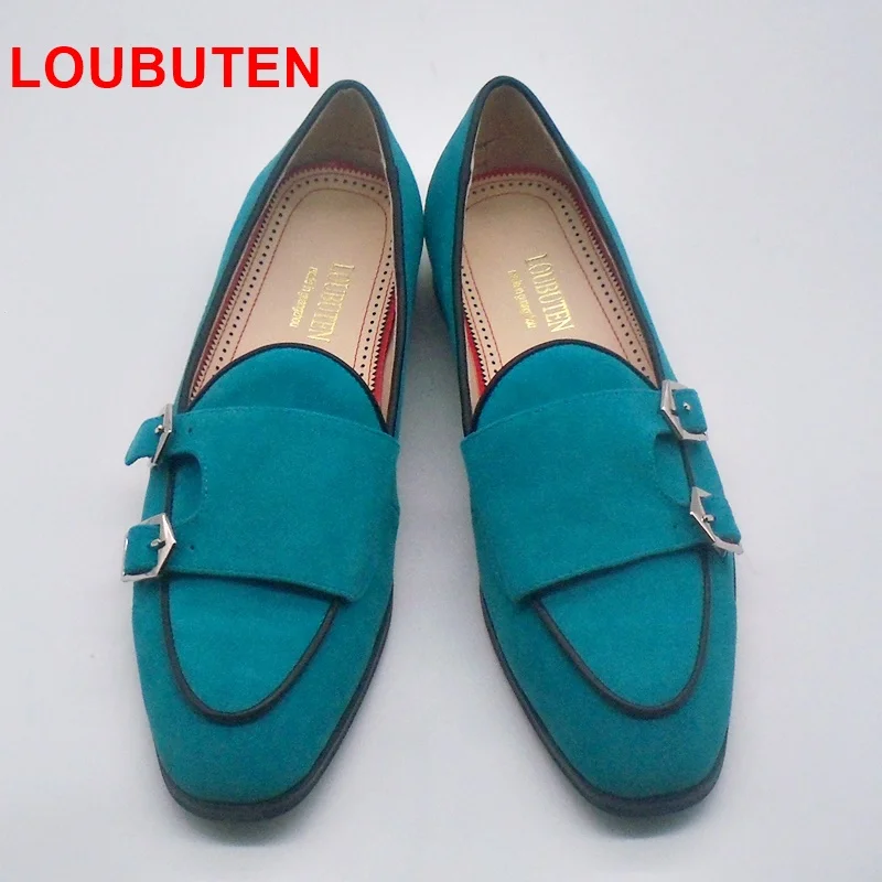 LOUBUTEN/Новое поступление; Небесно-голубые мужские замшевые модельные лоферы; кожаные туфли ручной работы с круглым носком и ремешком; мужские тапочки; повседневная обувь на плоской подошве
