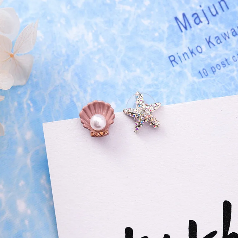 Cute Korean Rhinestone Ocean Starfish Dolphin Crab Stud Earrings for Women Creative Shell Pearl Fashion Jewelry MJ1433 | Украшения и