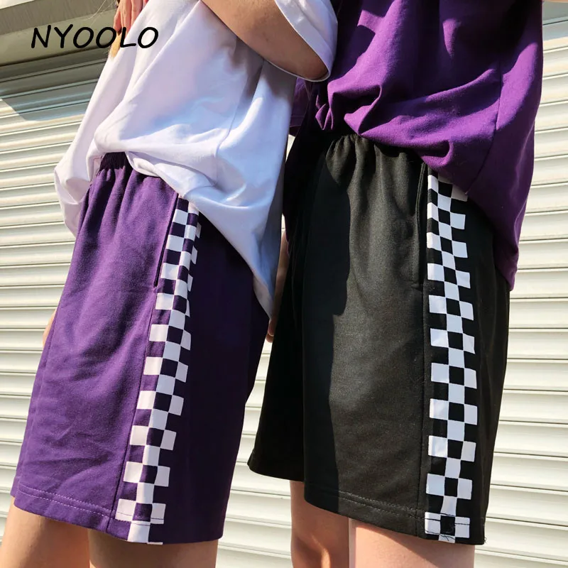 NYOOLO Harajuku дизайн Летние черные белые клетчатые шорты Уличная эластичная талия повседневные Прямые шорты для мужчин и женщин