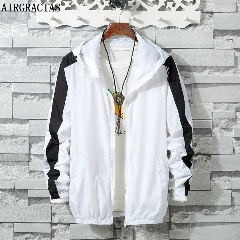 AIRGRACIAS New Autumn Hooded Bomber Jacket Men Casual Patchwork Color Windbreaker Male Outwear Thin Coat Brand Clothing | Мужская одежда