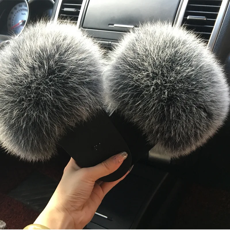 Женские тапочки Летние туфли из натурального Лисьего меха шлепанцы для лета