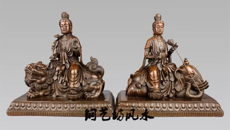 9 ''Китай и Манджушри Самантабхадра Поездка Лев Слон Бронзовая Статуя