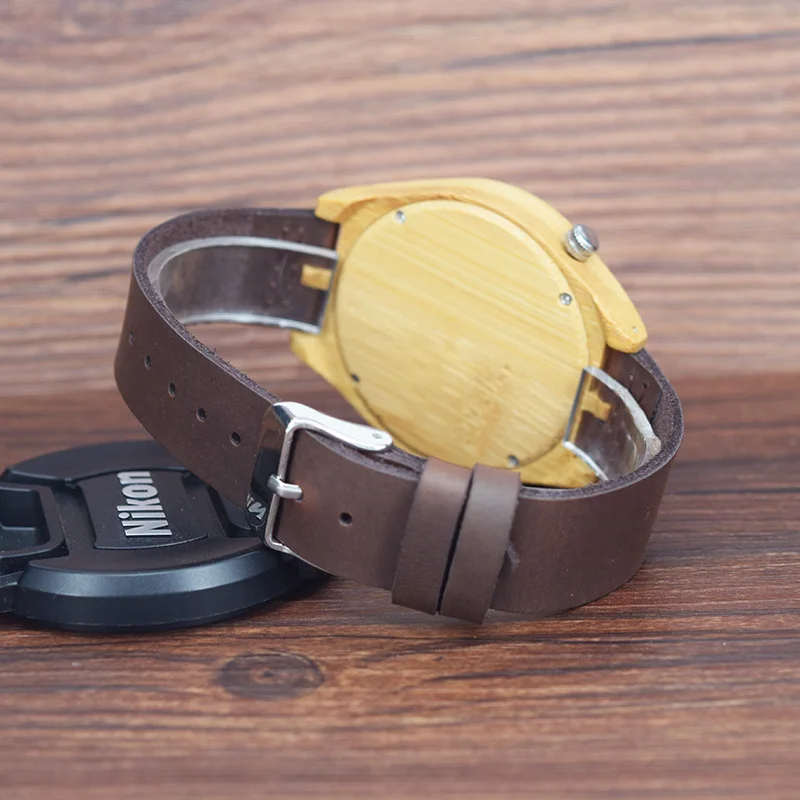 Мужские древесины бамбука Часы Японии 2035 Кварцевые Указатель логотип Лазерная