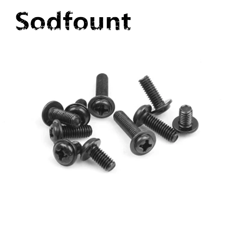 

100pcs/Lot Cross round head with pad screw M3-M4 PWM carbon steel black pan head with gasket machine teeth electronic screw