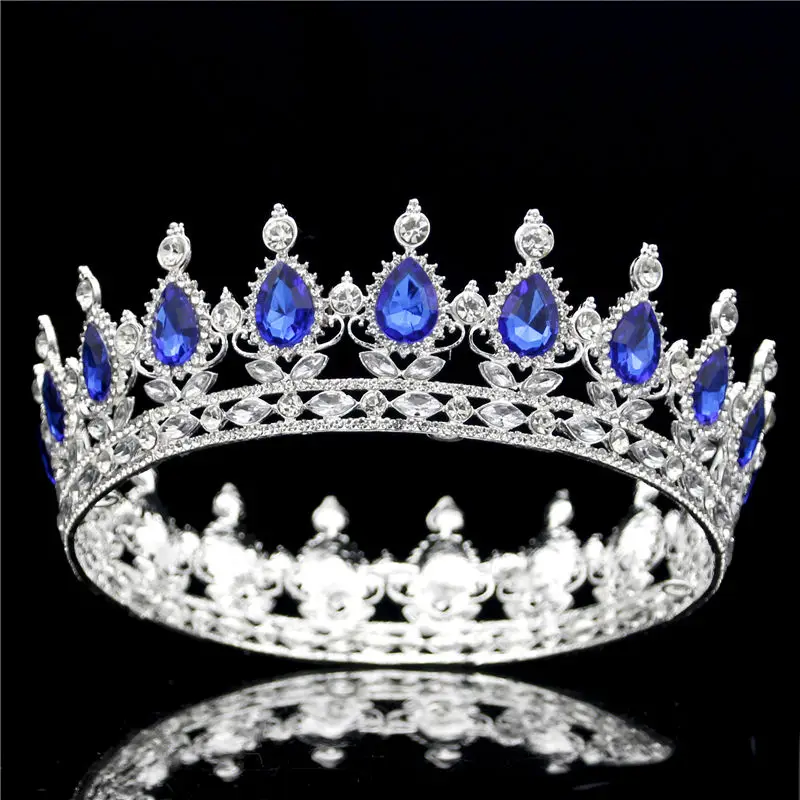 Silver Blue Трендовая Великолепная большая диадема 14 см в стиле барокко с кристаллами, королевская диадема, свадебная диадема, украшение для волос, свадебный головной убор - Окраска металла: Silver Blue