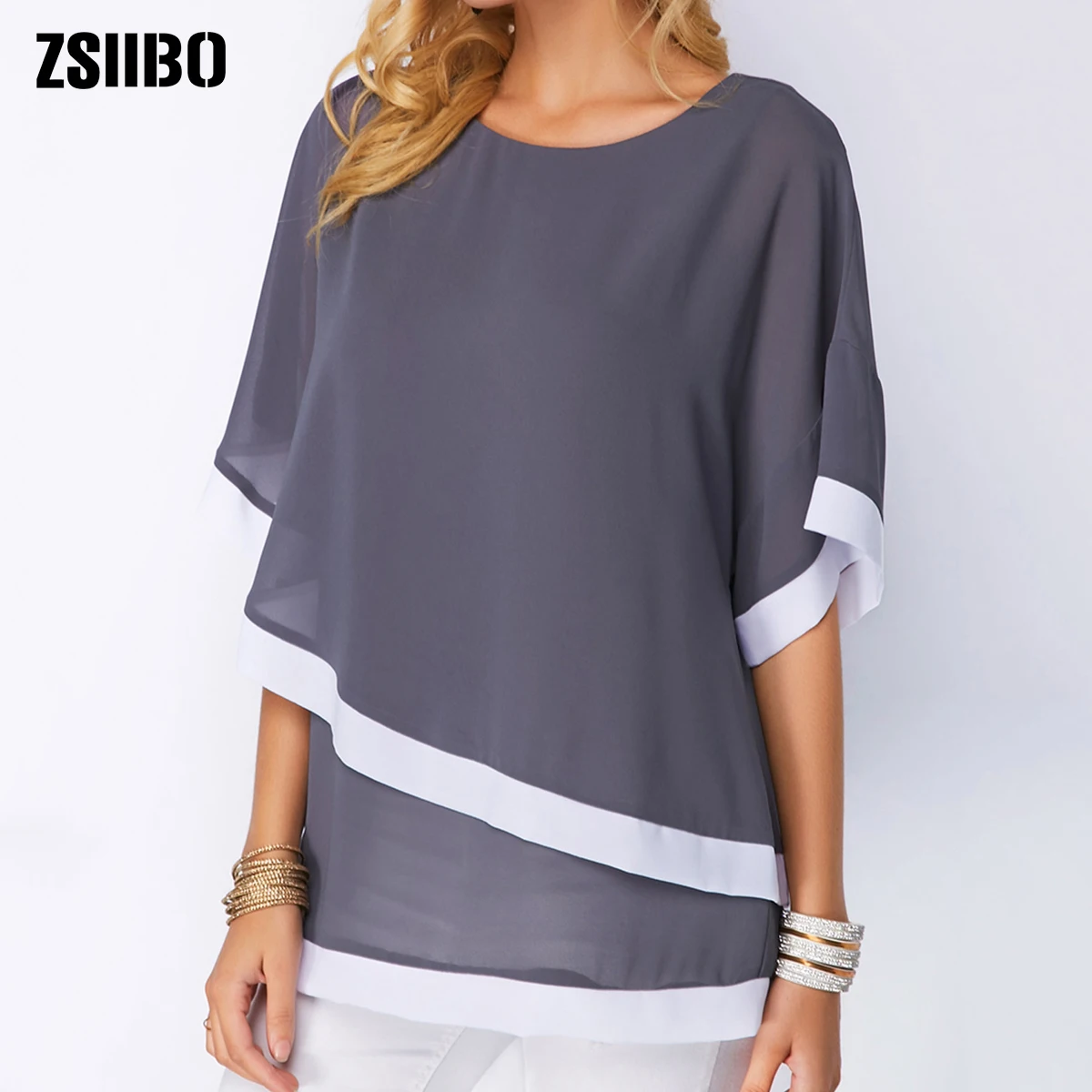 gray plus size Blouses for women 4xl 5xl Patchwork Double layer Tops Casual Batwing tunic Autumn Large size Chiffon Shirts - Цвет: gray