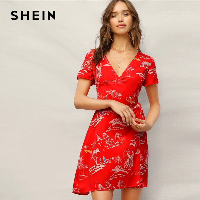 SHEIN Короткое Платье С Глубоким Вырезом И Тропическим Принтом Стильное Платье С Поясом На Запах