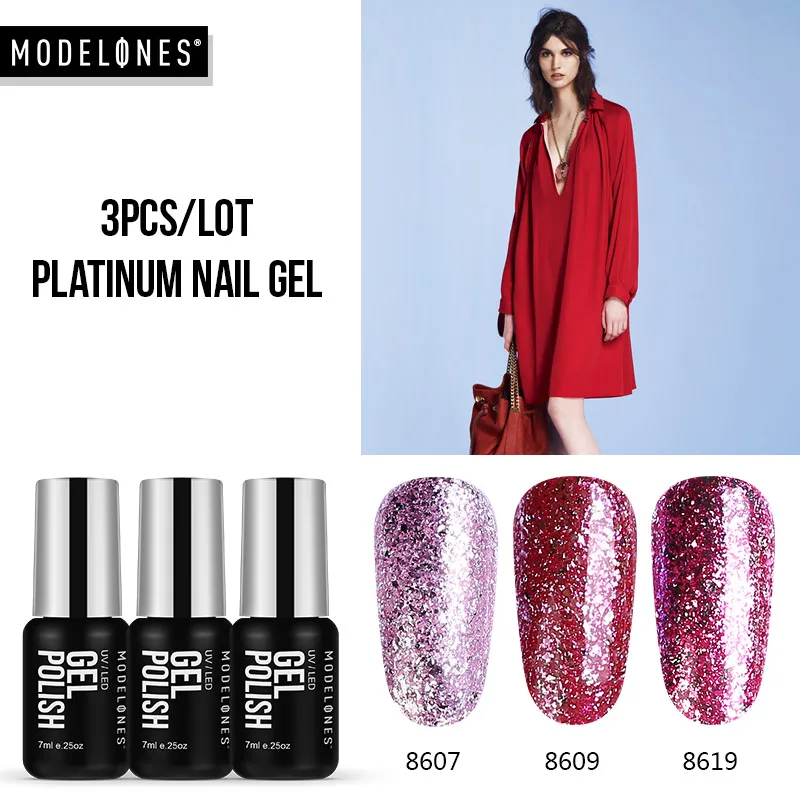 Modelones 3 шт./лот Платиновые Блестки УФ гель для ногтей набор замачивания