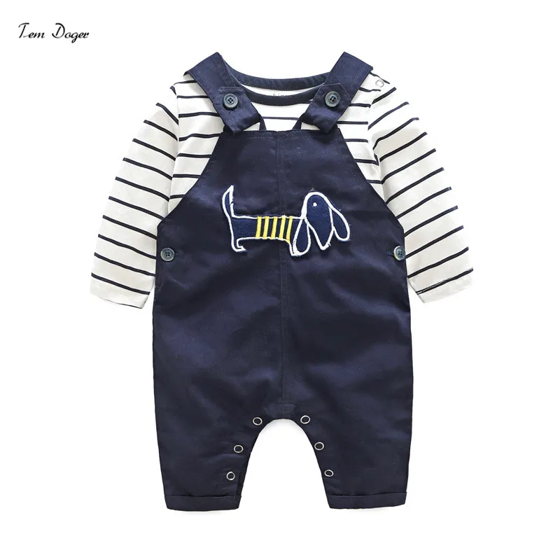 (Tem Doger) Autumn Cotton Boys Clothing Cartoon Kids Sets Long Sleeve Stripe Baby Rompers + Pants 2pcs Casual Outfit |