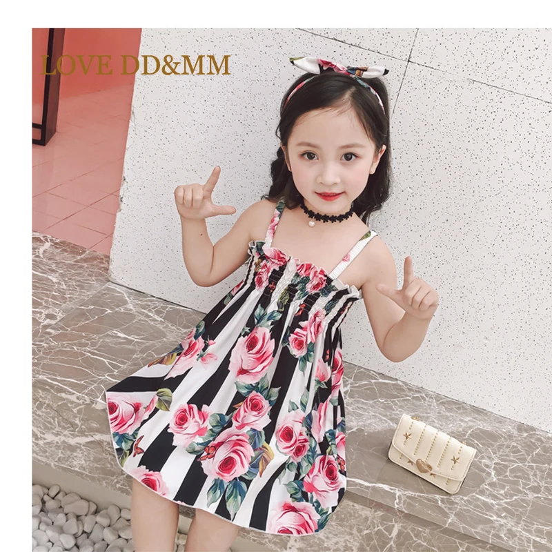 LOVE DD&ampMM Girls Dresses Summer New Kids Fashion Sexy Stripe Floral Print Strap Dress + Hair Accessories | Детская одежда и