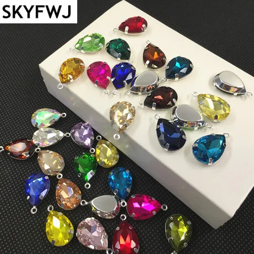 

13x18mm Teardrop Crystal Glass Stones In Silver Metal Base Setting Claw One Loop Droplet Sew On Rhinestone