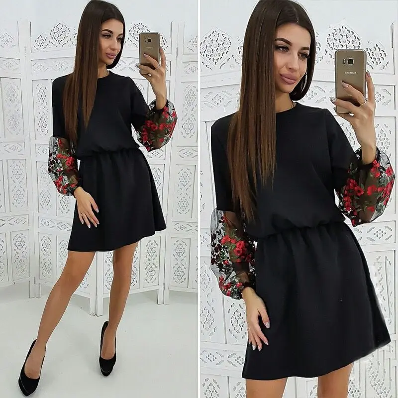 2019 Мини Платье для офисной леди прямое кружевное летнее платье с круглым вырезом