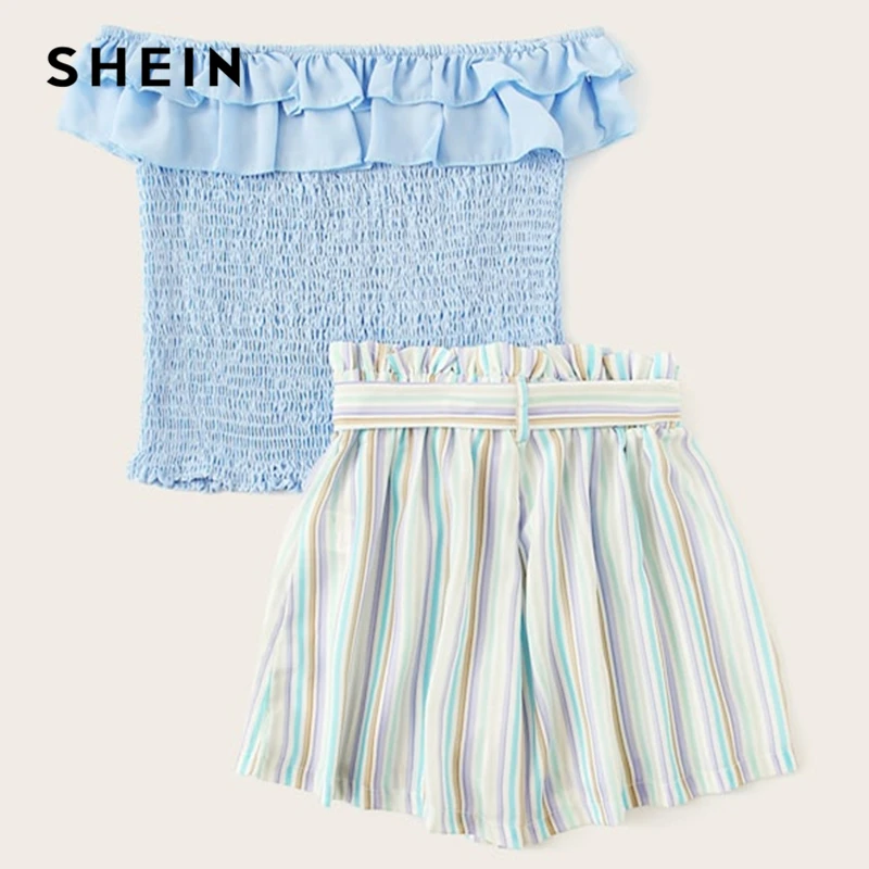 SHEIN Kiddie/футболка с оборками на плечах и шорты в полоску с поясом, комплекты года, летний праздничный пляжный костюм в стиле бохо