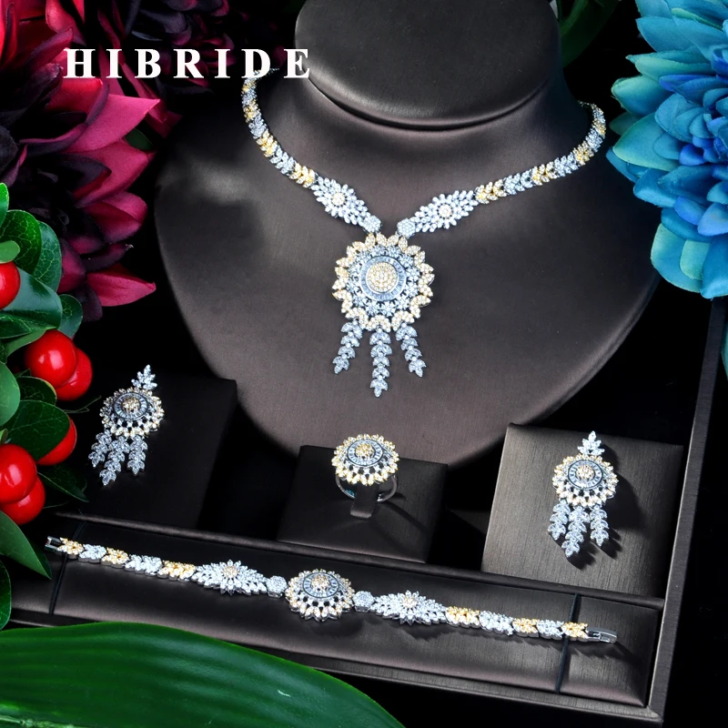 HIBRIDE модный большой кулон двухцветный браслет набор ювелирных изделий CZ серьги
