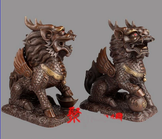 Китай (материк) Бронзовый фэншуй Yuanbao мяч Единорог kylin Kirin Foo собака статуя льва