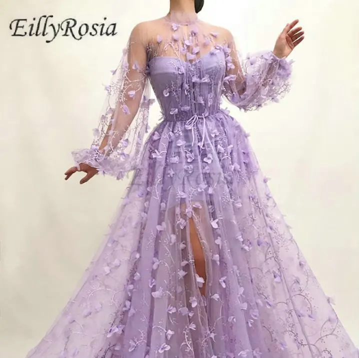 

High Neck Lilac Evening Dresses Long Sleeve 3D Flowers Appliques Sexy Side Split Illusion Sheer Lace Evening Gowns for Womens