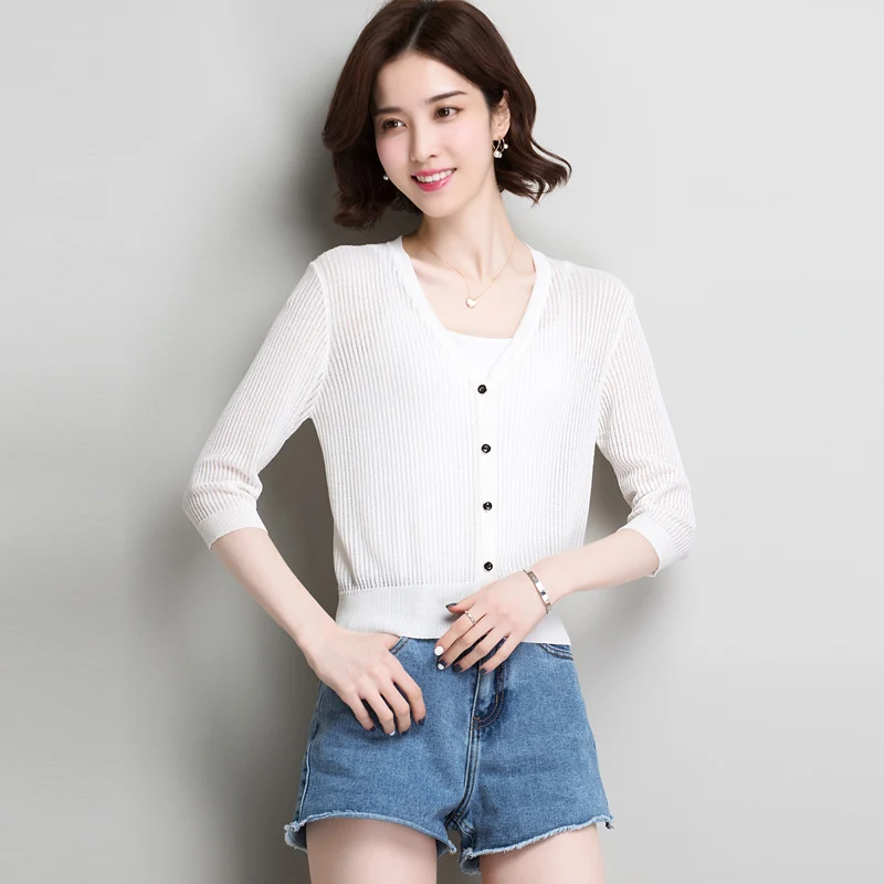 

Latest version summer ladies hollow knitwear sexy women solid color thin knit cardigan