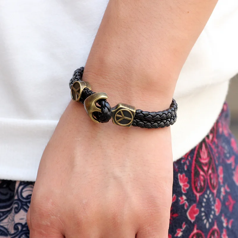 Hot new design fashion Serpentine 2 layer Leather Bracelet Jewelry stylish Peace anchor For wmen pulseiras de couro masculina | Украшения и