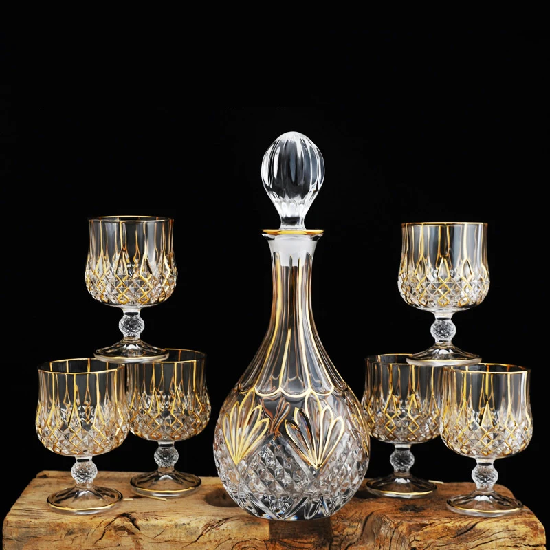 

7-Piece Set Crystal Wine Bottle and Glass Cup Whiskey Brandy Glass Goblet Golden Rim Household Drinking Utensils