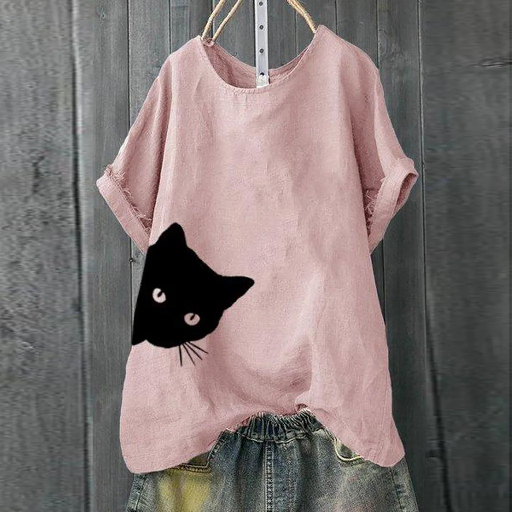 Повседневная женская футболка однотонная Свободная рубашка с принтом кошки топы