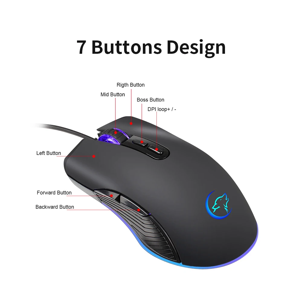 Проводная игровая мышь YWYT 4 настраиваемых DPI мыши 2400 точек/дюйм игровые с RGB
