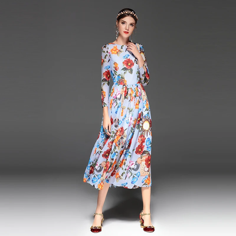 Europe Fashion 2022 summer New Arrival Casual Style A-Line O-Neck Full Sleeve Flower Print Elegant Mid-Calf Dress Women