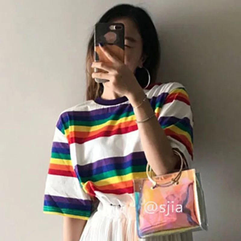 Harajuku радужные полосатые топы с коротким рукавом женские летние футболки