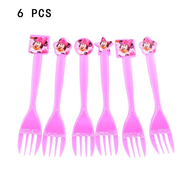 fork 6pcs Для девочек Минни Маус День рождения тема украшения Дети День Рождения Бумажный мультяшный стаканчик и тарелка салфетка баннер - Цвет: fork 6pcs