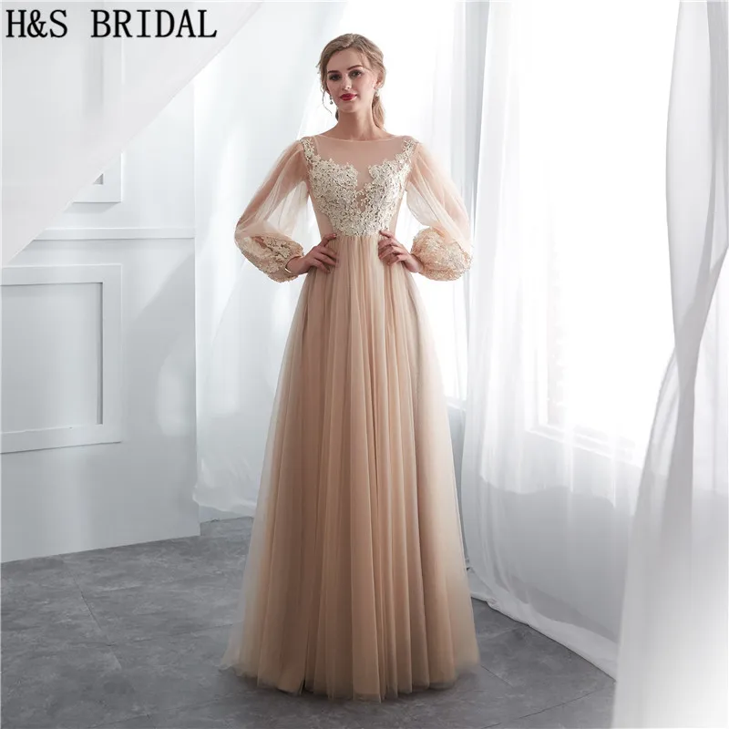 Свадебное платье H & S в стиле бохо цвета шампанского с длинным рукавом Пляжное