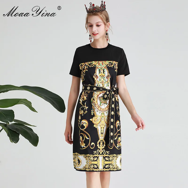 Black MoaaYina Fashion Designer Runway dress Spring Autumn Women Dress Short sleeve Diamond Sequin Print Lace-up Dresses - Color: Black