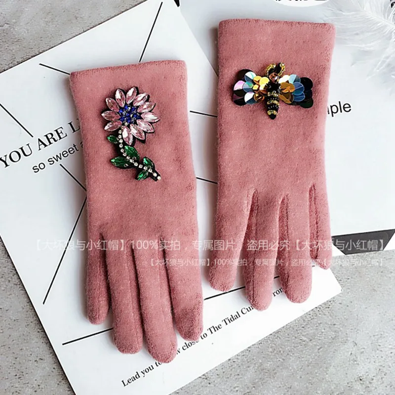 Pink Женские зимние перчатки яркий хрустальный цветок с блестками пчела шерстяные перчатки кашемировые брендовые перчатки варежки для женщин - Цвет: Pink