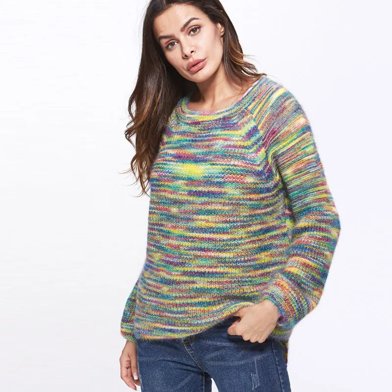 QIUXUAN Autumn Winter Women Sweater Multicolor Gradient O Neck Long Sleeve Pullover Female Warm Fashion | Женская одежда