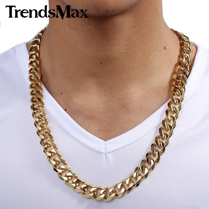 Trendsmax 15 мм широкий бордюр кубинское звено золотого цвета из нержавеющей стали ожерелье Мужская цепочка