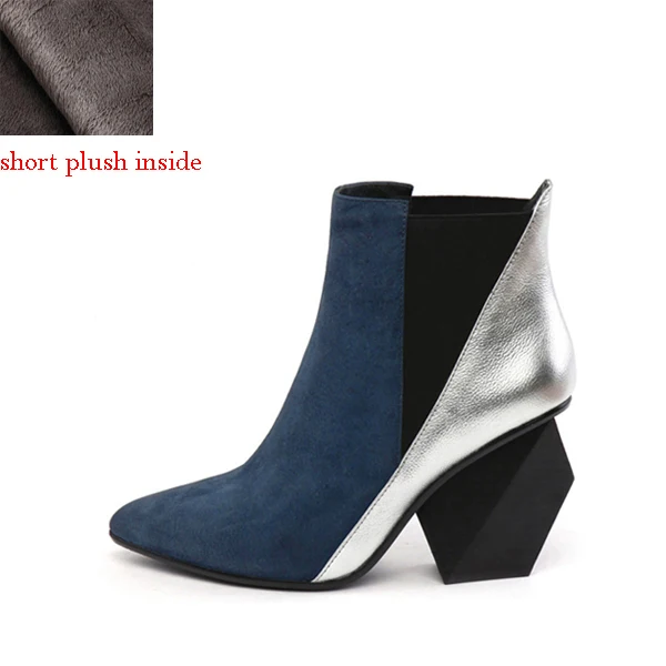 blue short plush Ботинки «Челси» из натуральной кожи с острым носком без застежки; Необычные разноцветные ботильоны на высоком каблуке; женская обувь; bota Mujer; HL25 muyisxi - Цвет: blue short plush