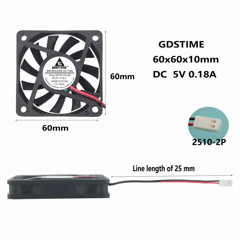 

Gdstime 2pcs 2510 2Pin DC 5V 6cm 60x60x10mm Computer PC Case VGA CPU Heatsink Cooling Fan 60mm x 10mm Brushless Cooler 6010
